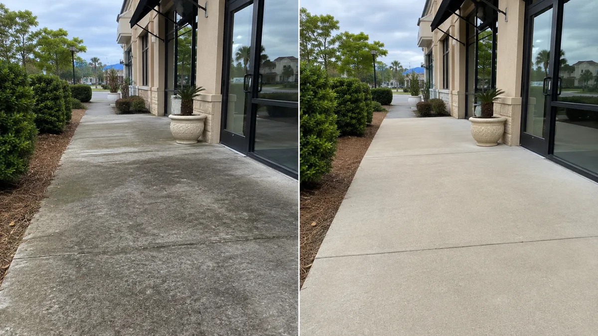 Storefront walkway shown dirty on the left and clean on the right