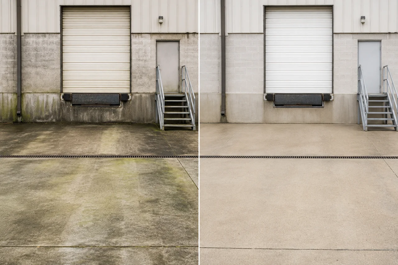 Commercial loading bay shown dirty on the left and clean on the right