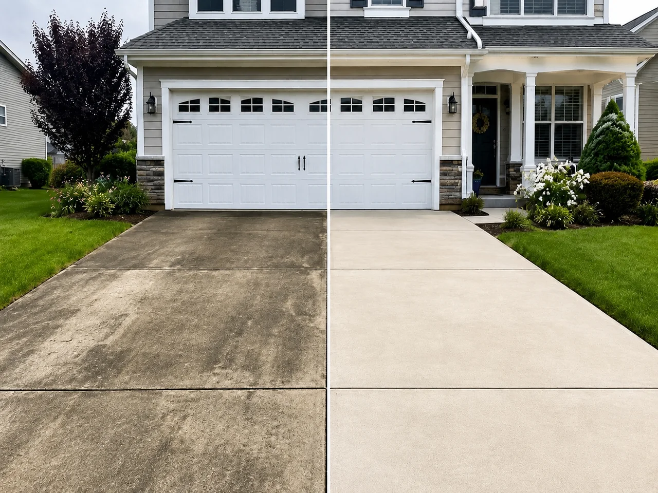 Driveway shown dirty on the left and clean on the right
