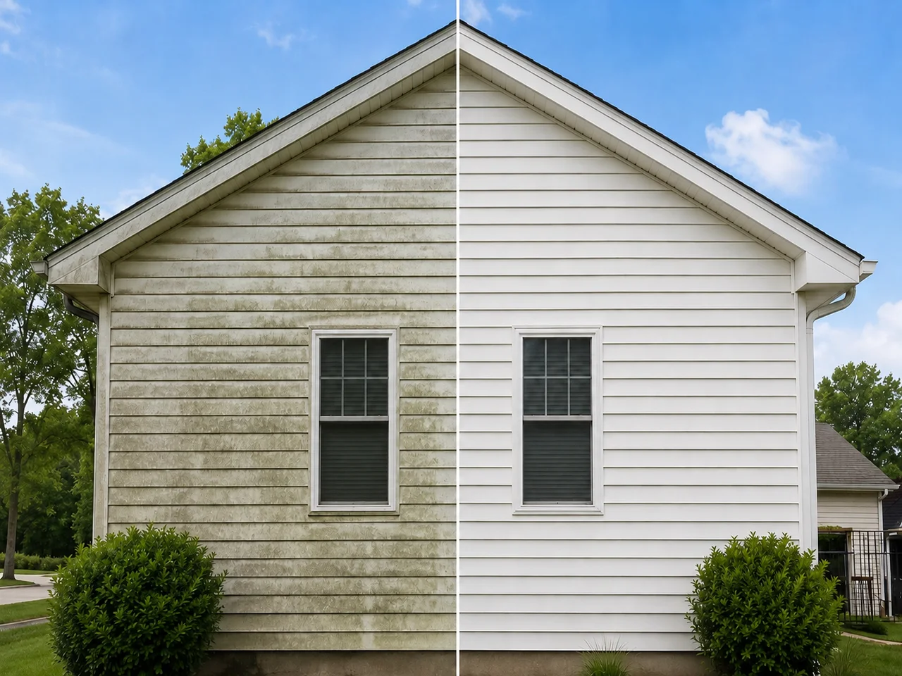 Front-facing home exterior shown dirty on the left and clean on the right