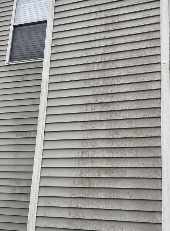 Sidewall with heavy organic staining before house washing